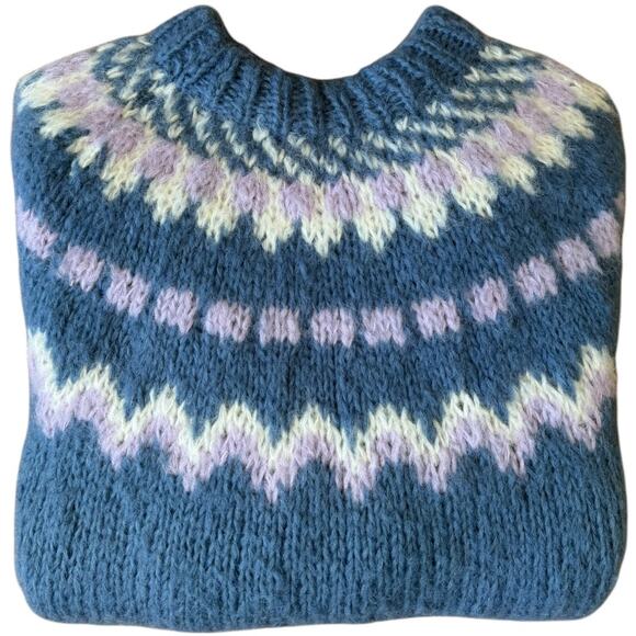 Vintage Handknit Fair Isle Wool Sweater Blue Lavender Cream Nordic Yoke medium - Picture 3 of 11